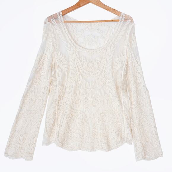 VTG Y2K Mesh Lace Sheer Top Women's M Boho Festival Western Coastal Cowgirl - Picture 1 of 7